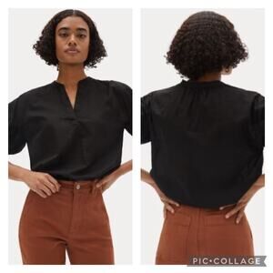 Everlane Black Split Neck Puff Sleeve Top Poplin Cotton Size 6